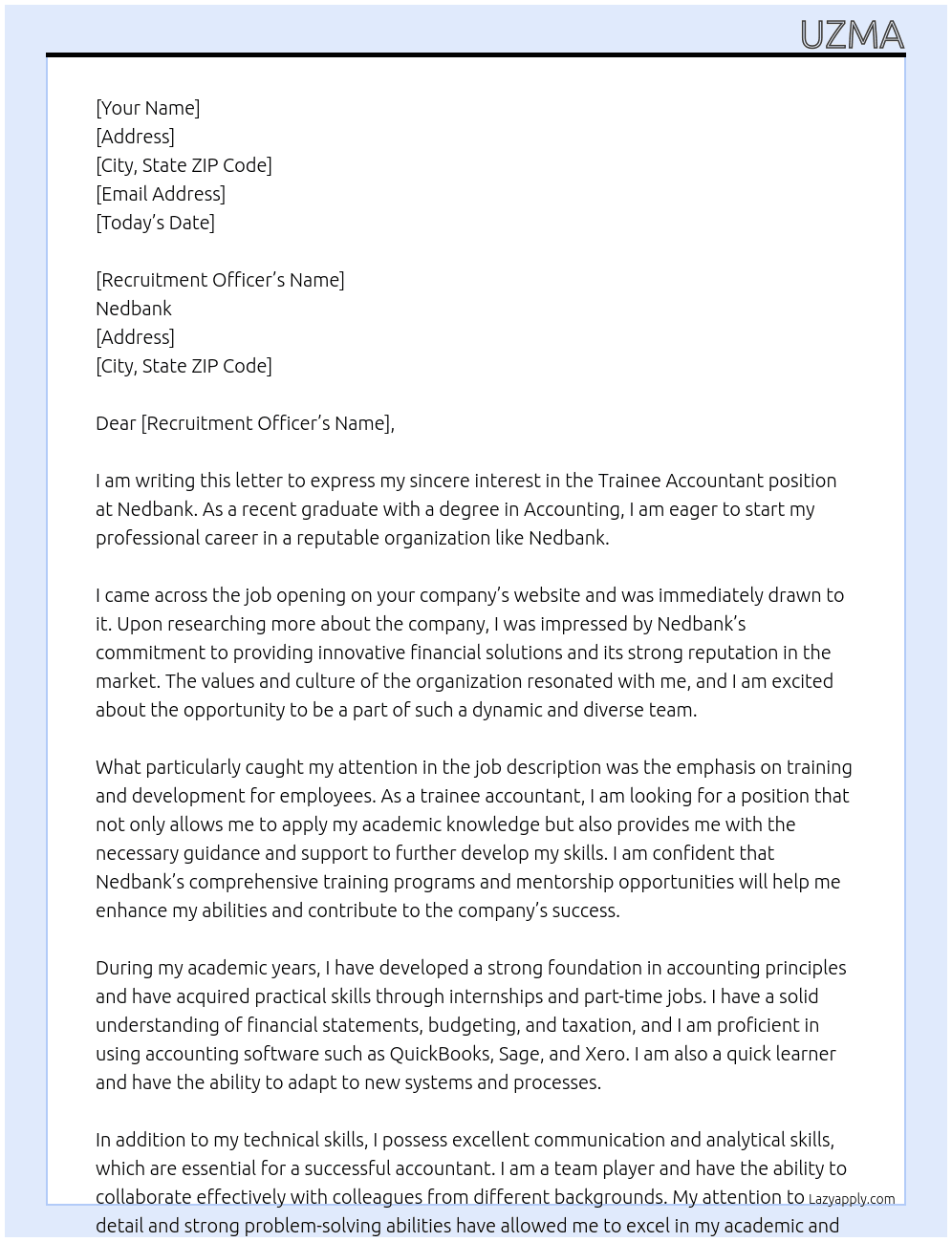 Trainee accountant At Nedbank Cover Letter
