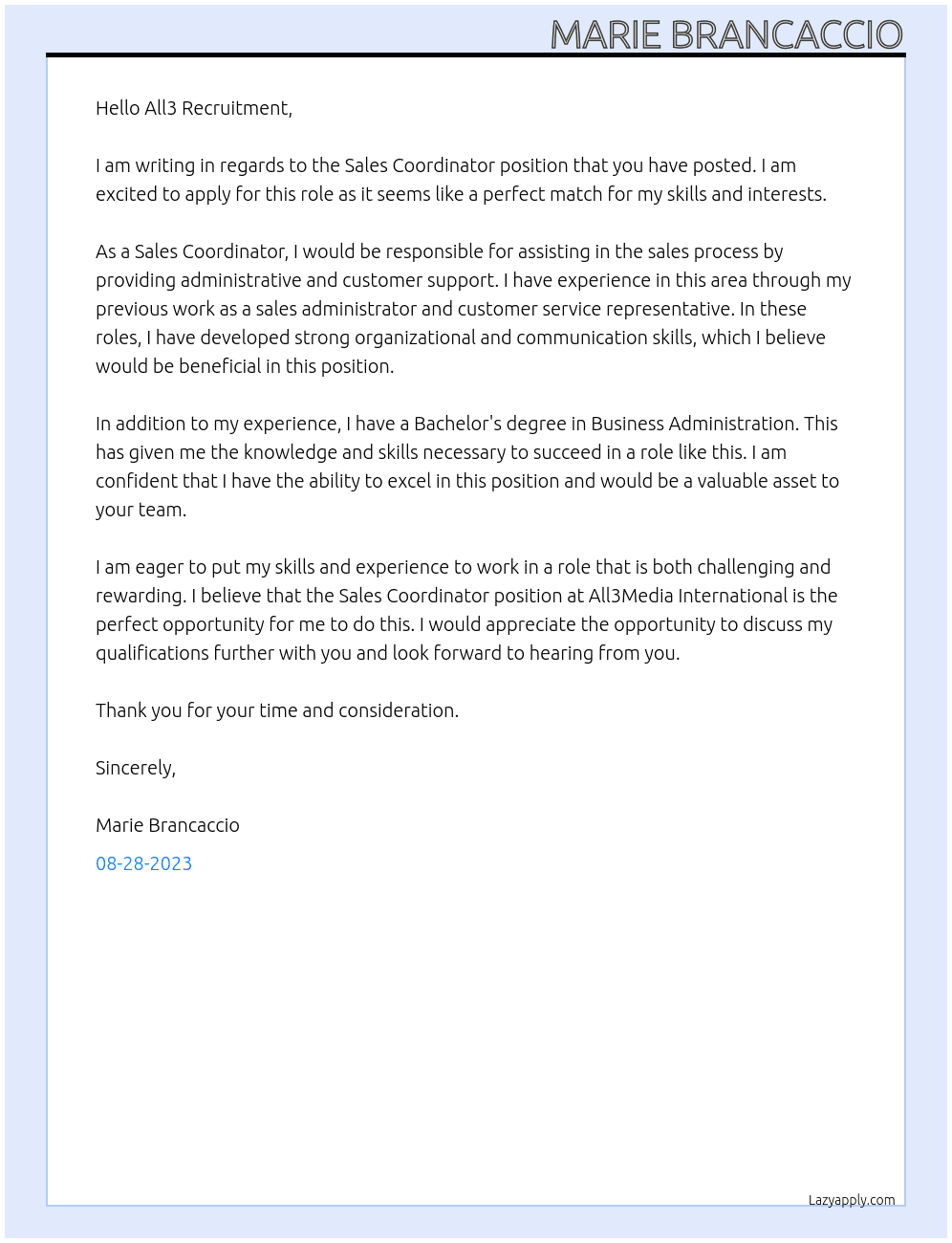 Sales Coordinator  At All3Media International Cover Letter