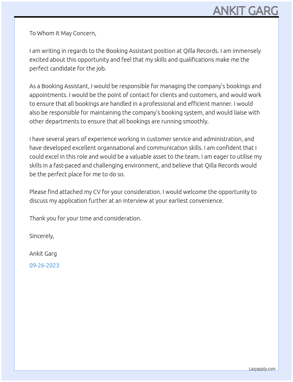 Booking Assistant At Qilla Records Cover Letter