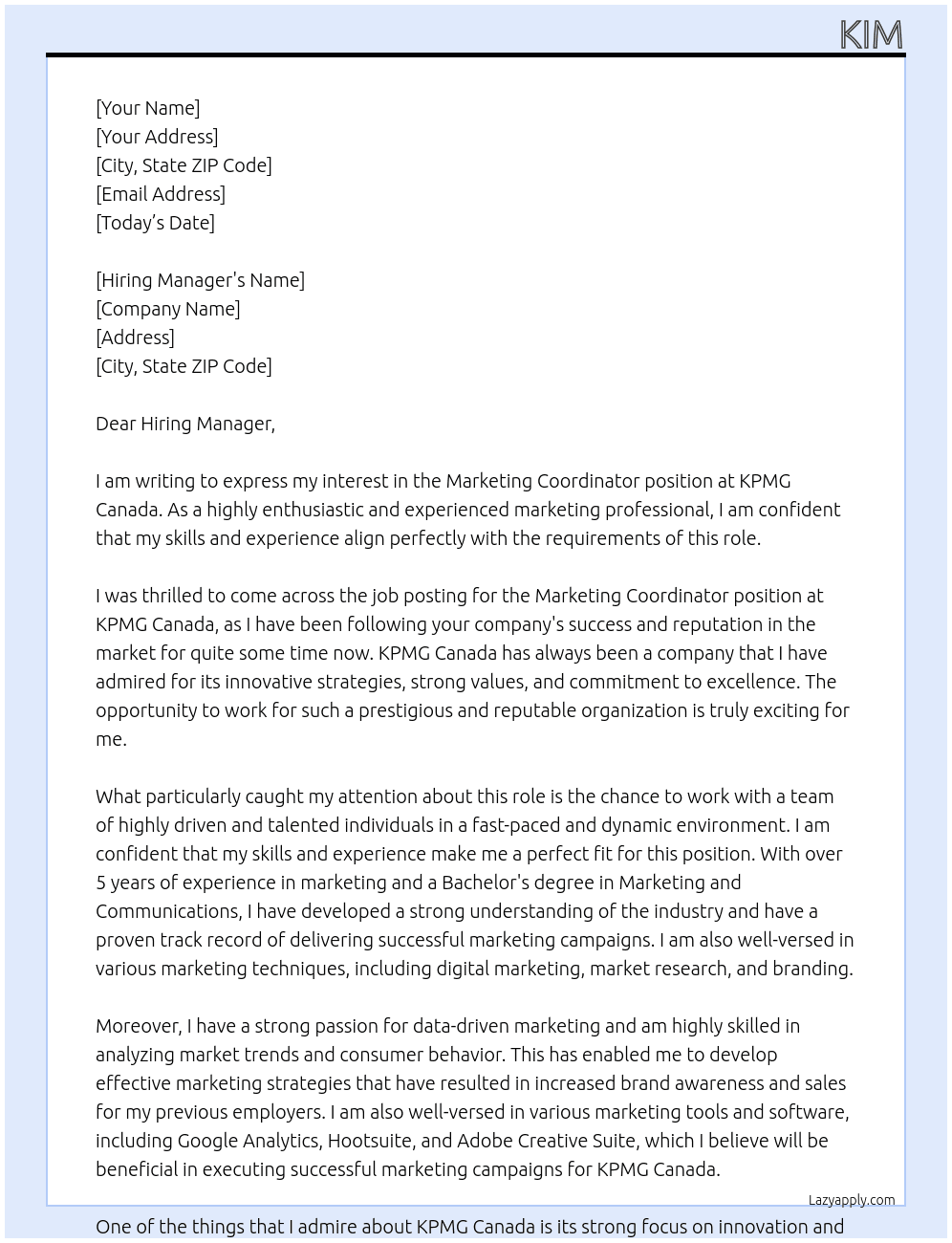 Marketing Coordinator At KPMG Canada Cover Letter