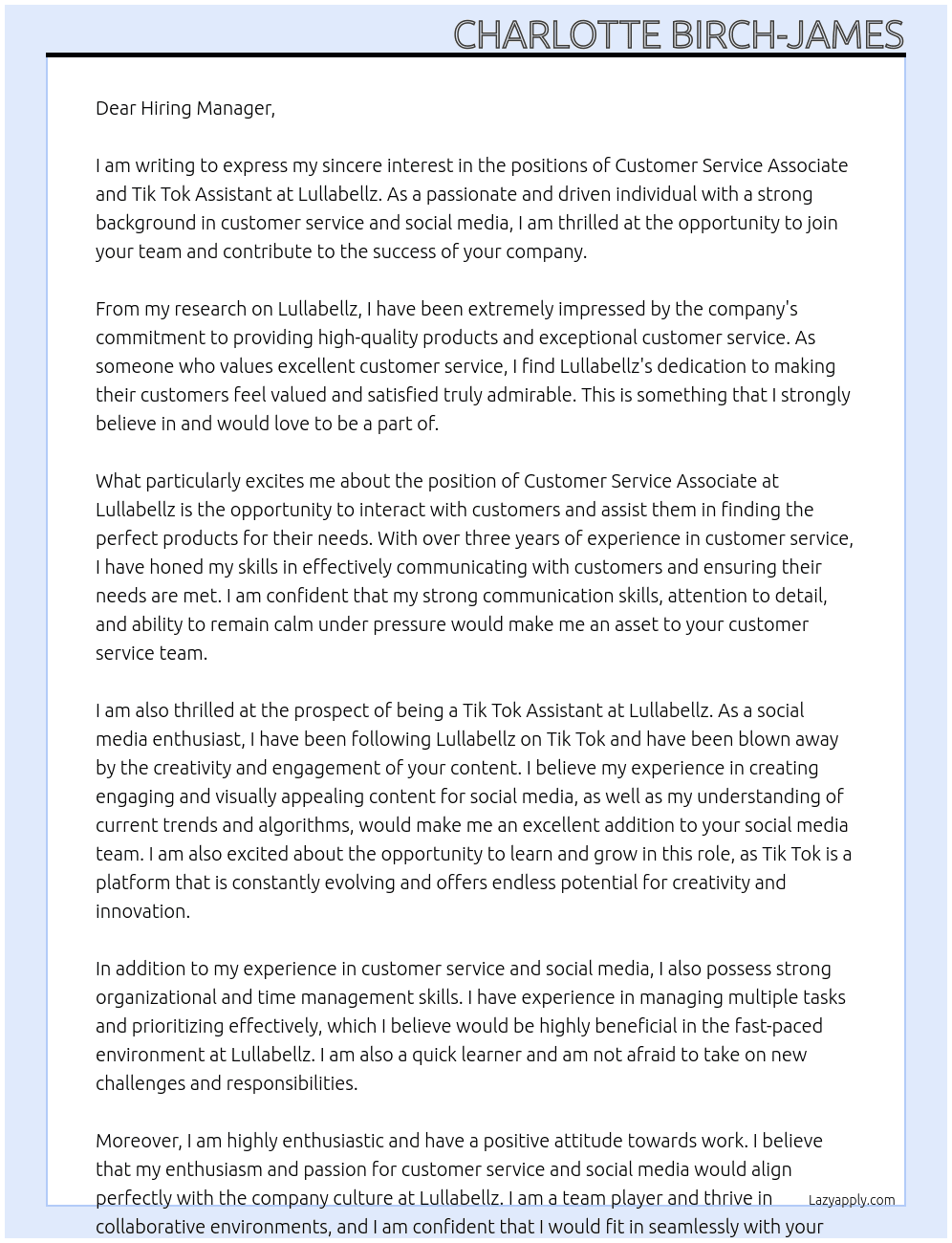 Customer Service Associate and Tik Tok Assistant At Lullabellz Cover Letter