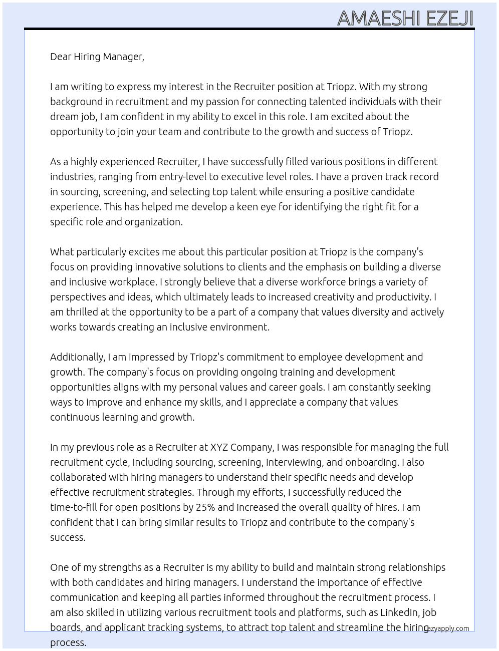Recruiter At Triopz Cover Letter