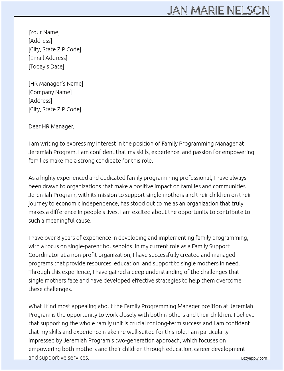 Family Programming Manager  At Jeremiah Program Cover Letter