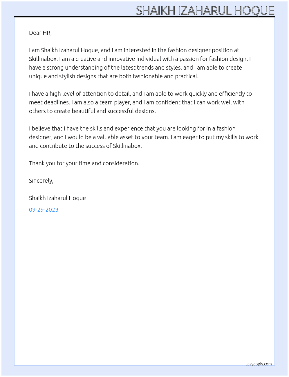 Fashion designer At Skillinabox Cover Letter