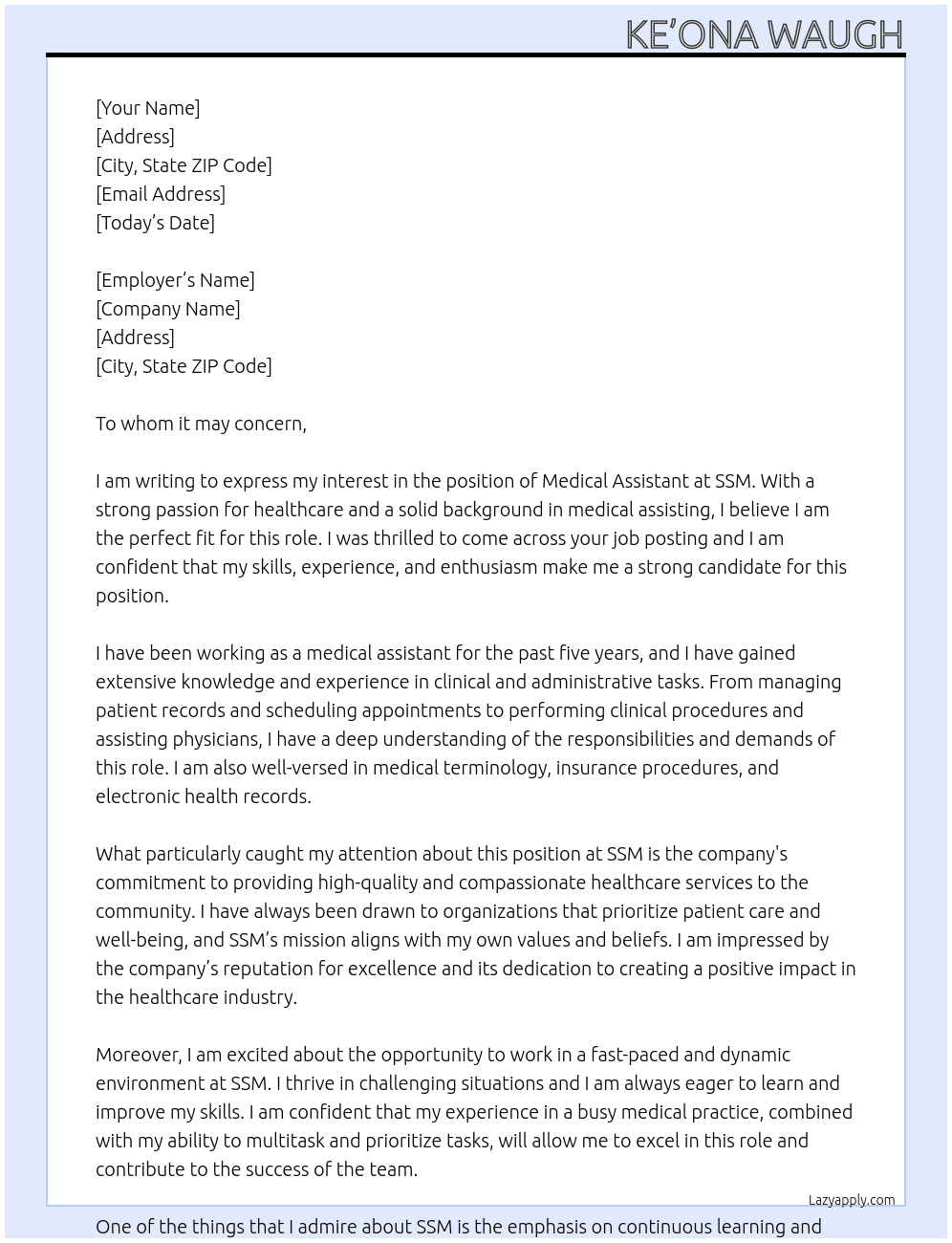 Medical assistant  At Ssm Cover Letter