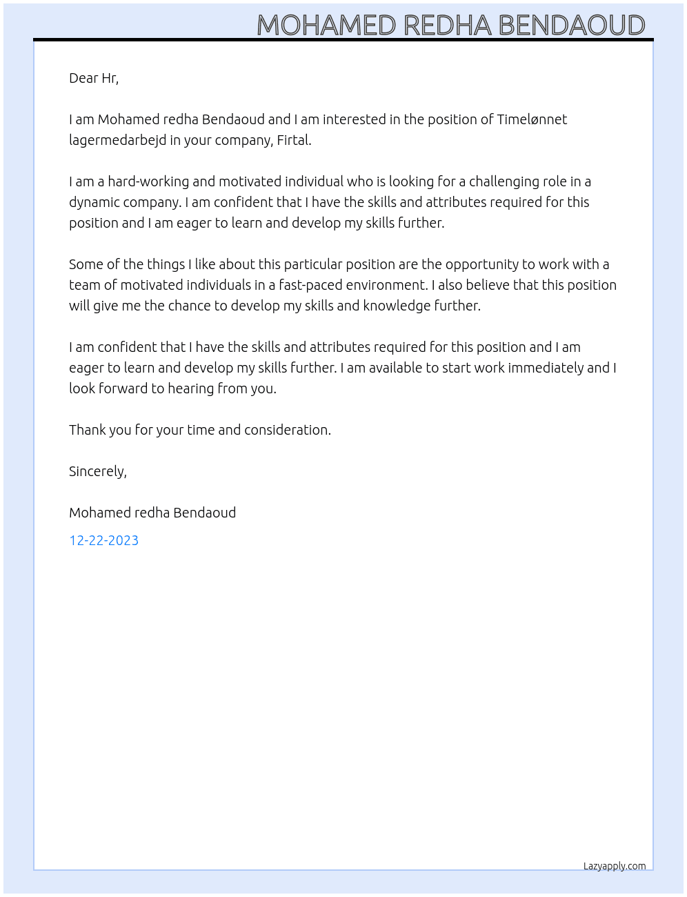 Timelønnet lagermedarbejd At Firtal Cover Letter