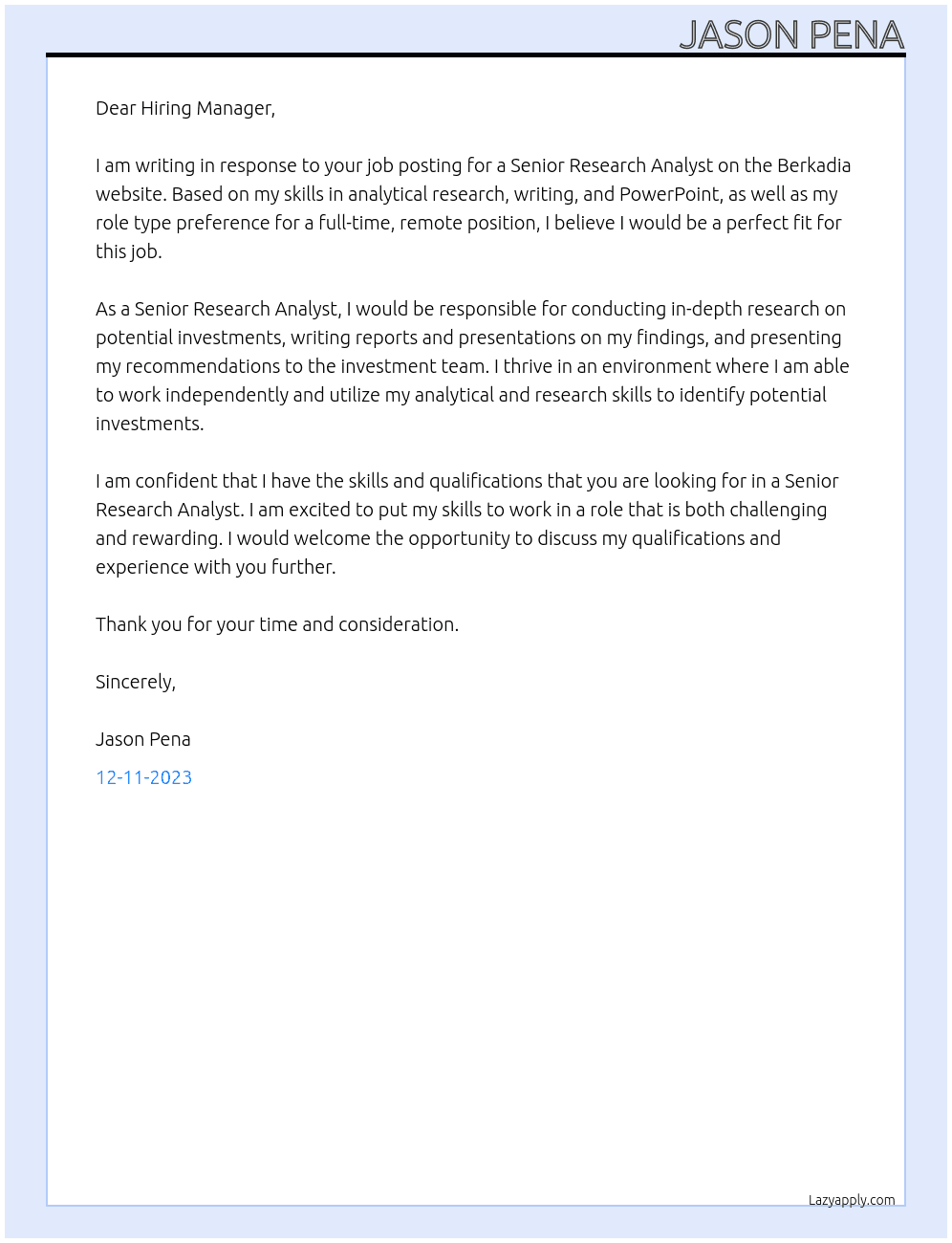 Senior Research Analyst At Berkadia Cover Letter