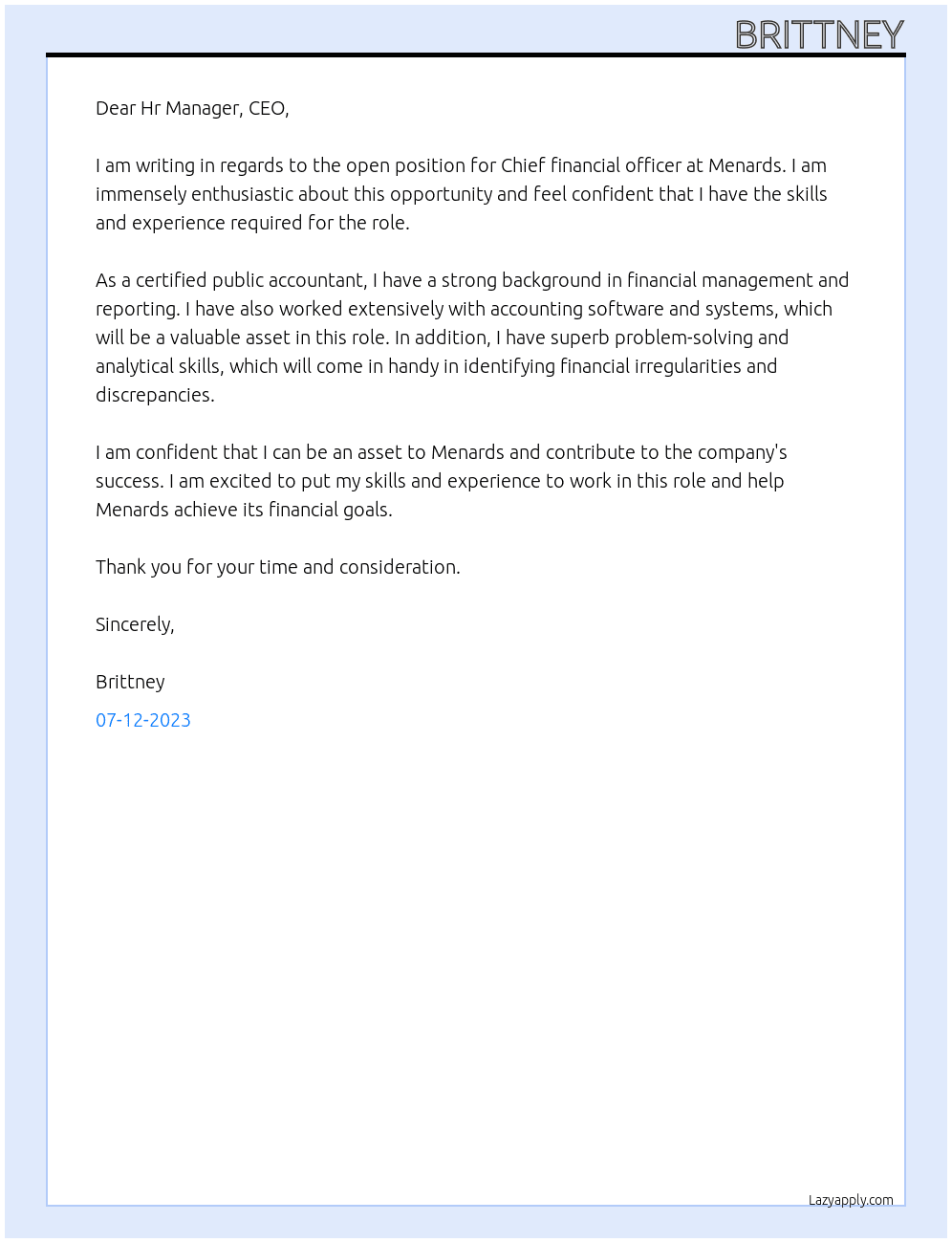 Chief financial officer At Menards Cover Letter