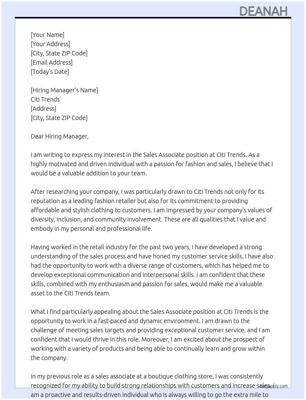 Sales associate  At Citi trends Cover Letter