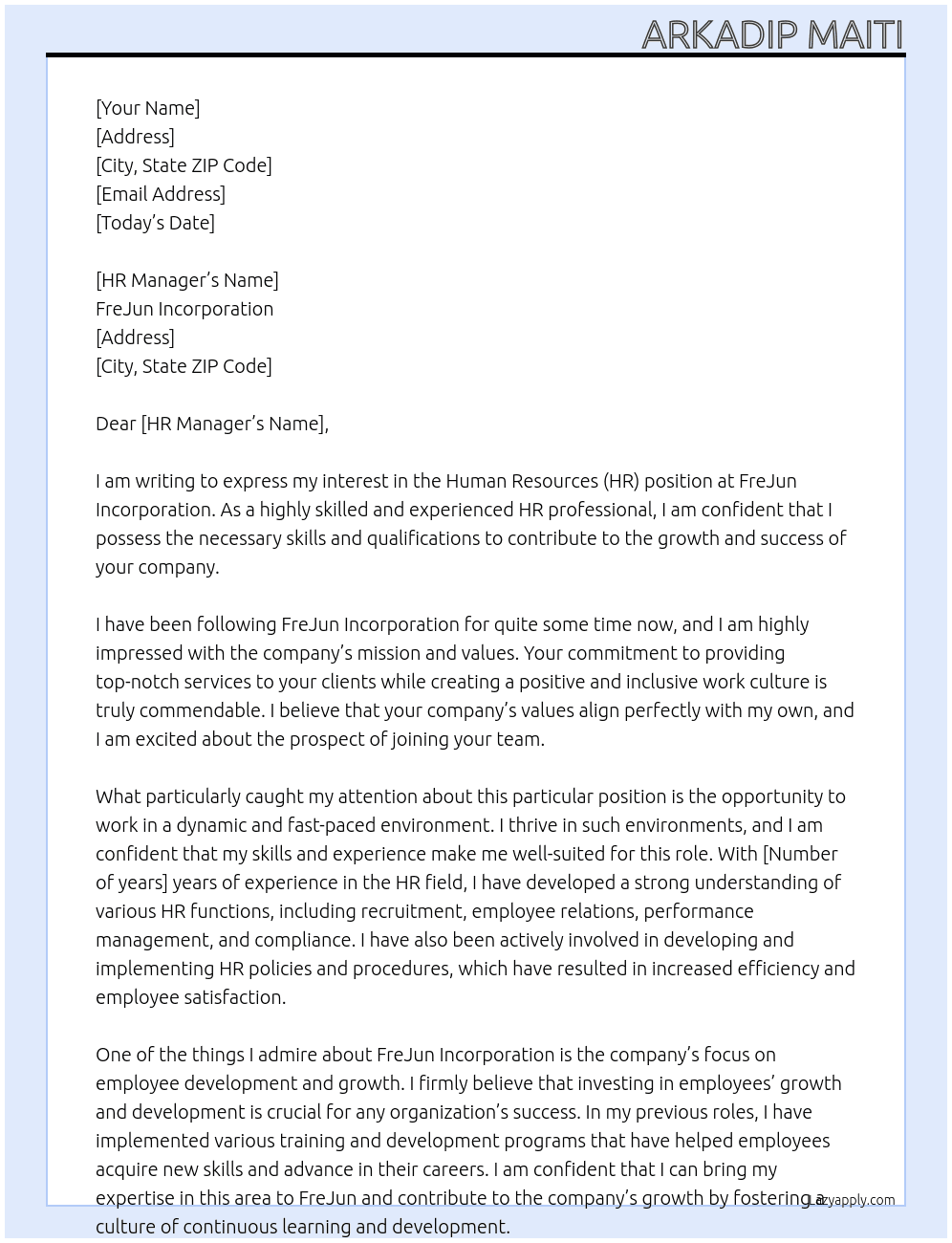 Human Resources (HR) At FreJun Incorporation  Cover Letter