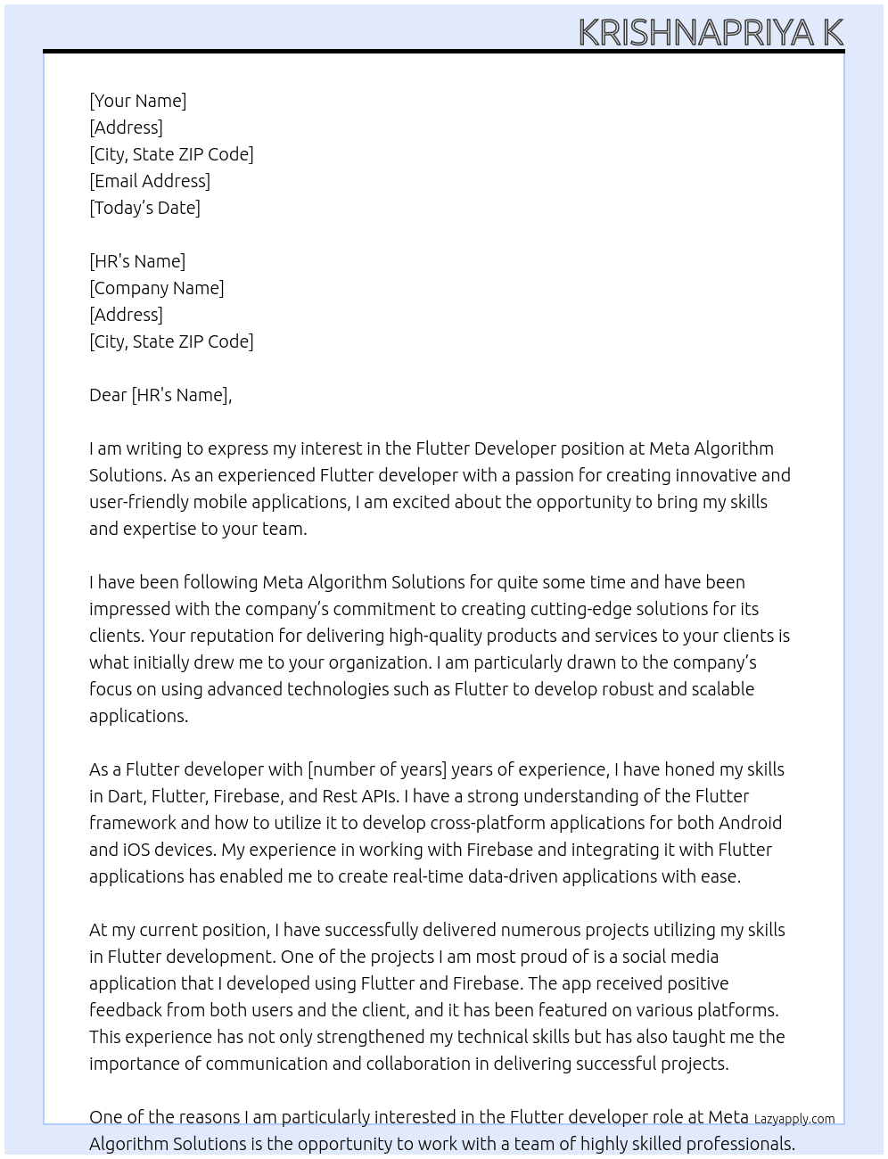 Flutter developer At meta algorithm solutions Cover Letter