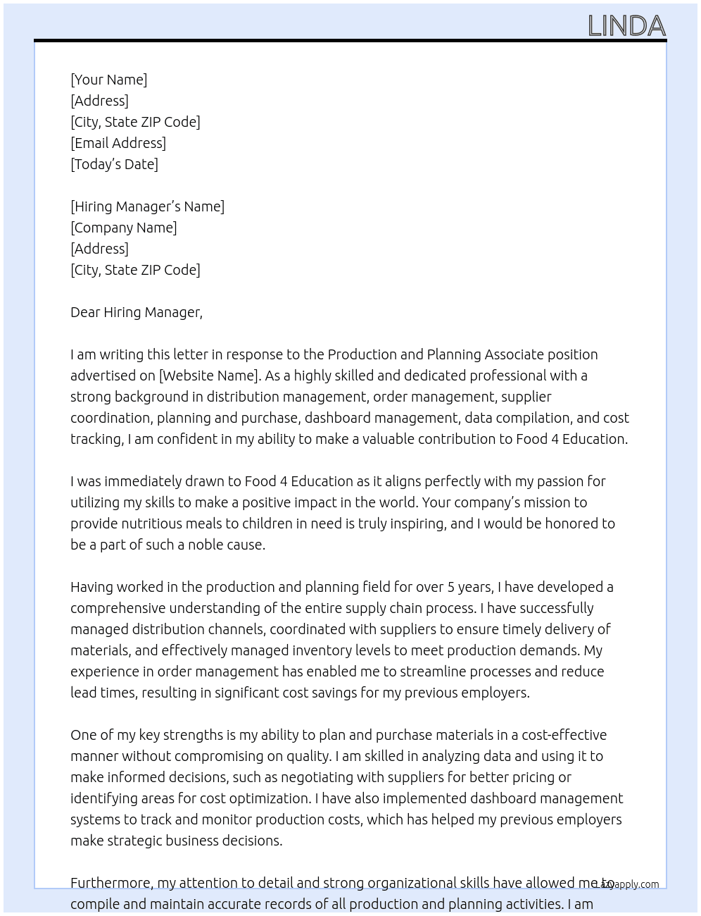 Production and planning associate At Food 4 Education Cover Letter
