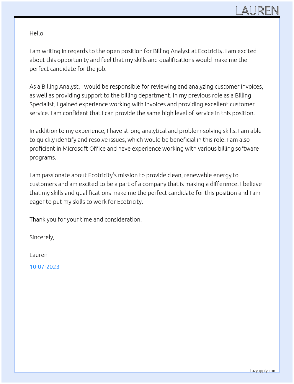 billing analyst At ecotricity Cover Letter