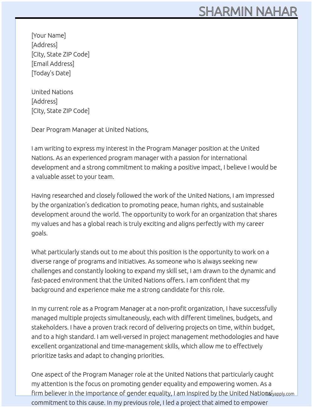Program Manager  At United Nation.  Cover Letter