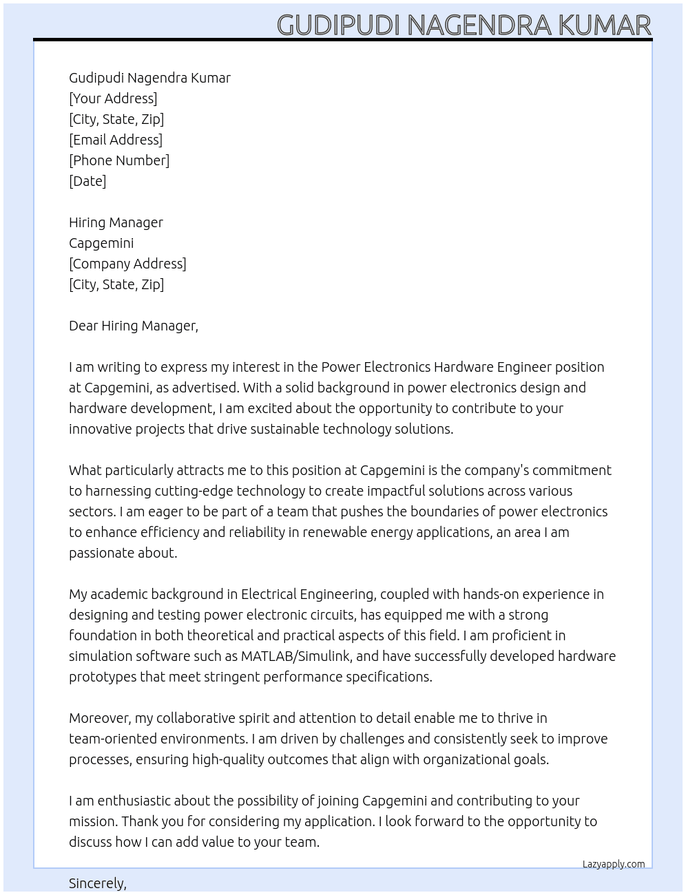Cover letter for power electronics hardware engineer - LazyApply
