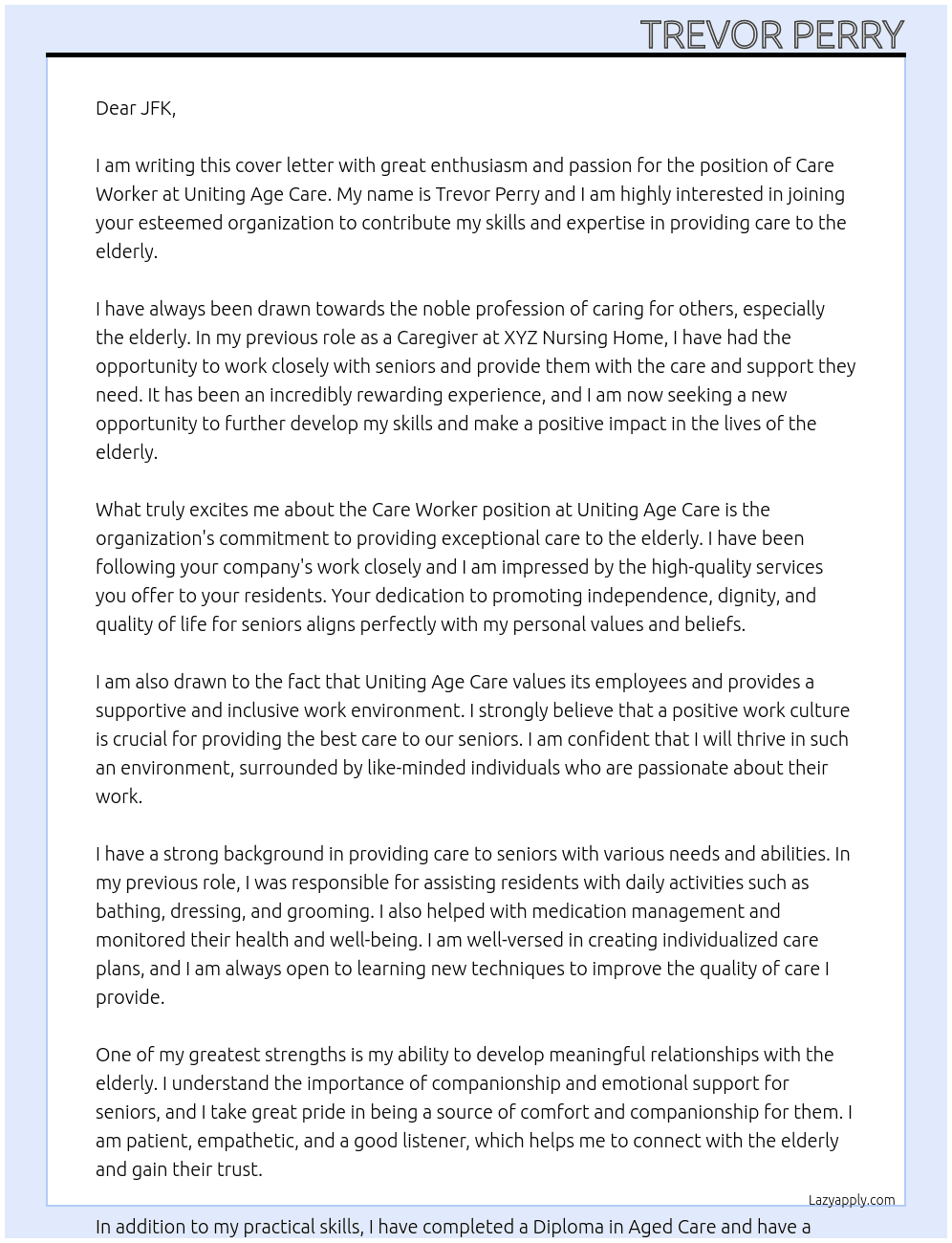 Care Worker At Uniting Age Care Cover Letter