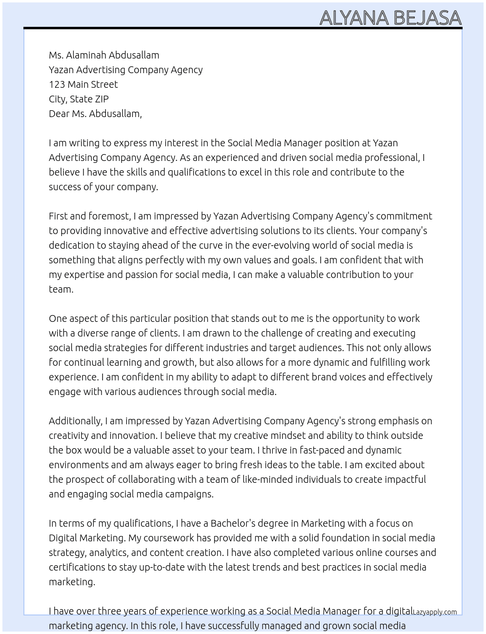Social media manager At Yazan Advertising Company Agency Cover Letter