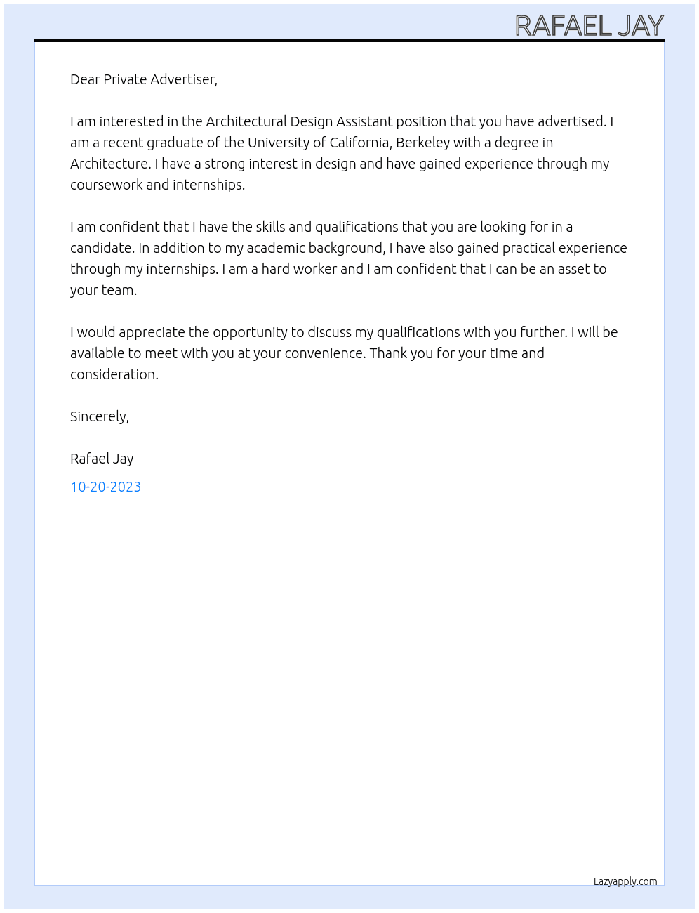 Architectural Design Assistant At Private Advertiser Cover Letter