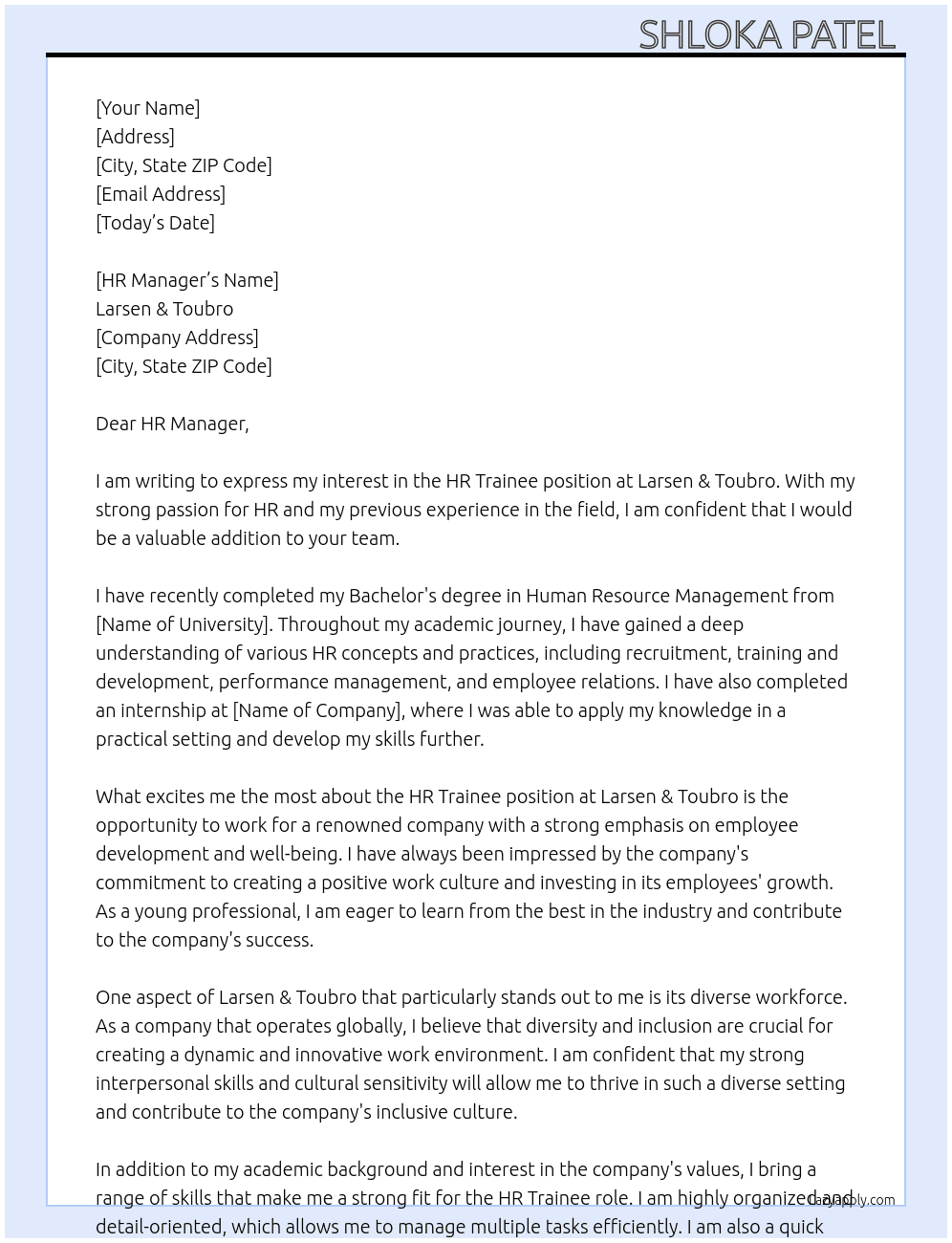 HR trainee At Larsen & Toubro Cover Letter