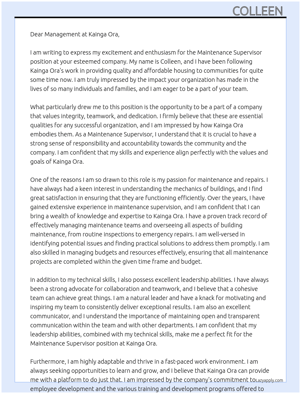 Maintenance supervisor  At Kainga ora  Cover Letter