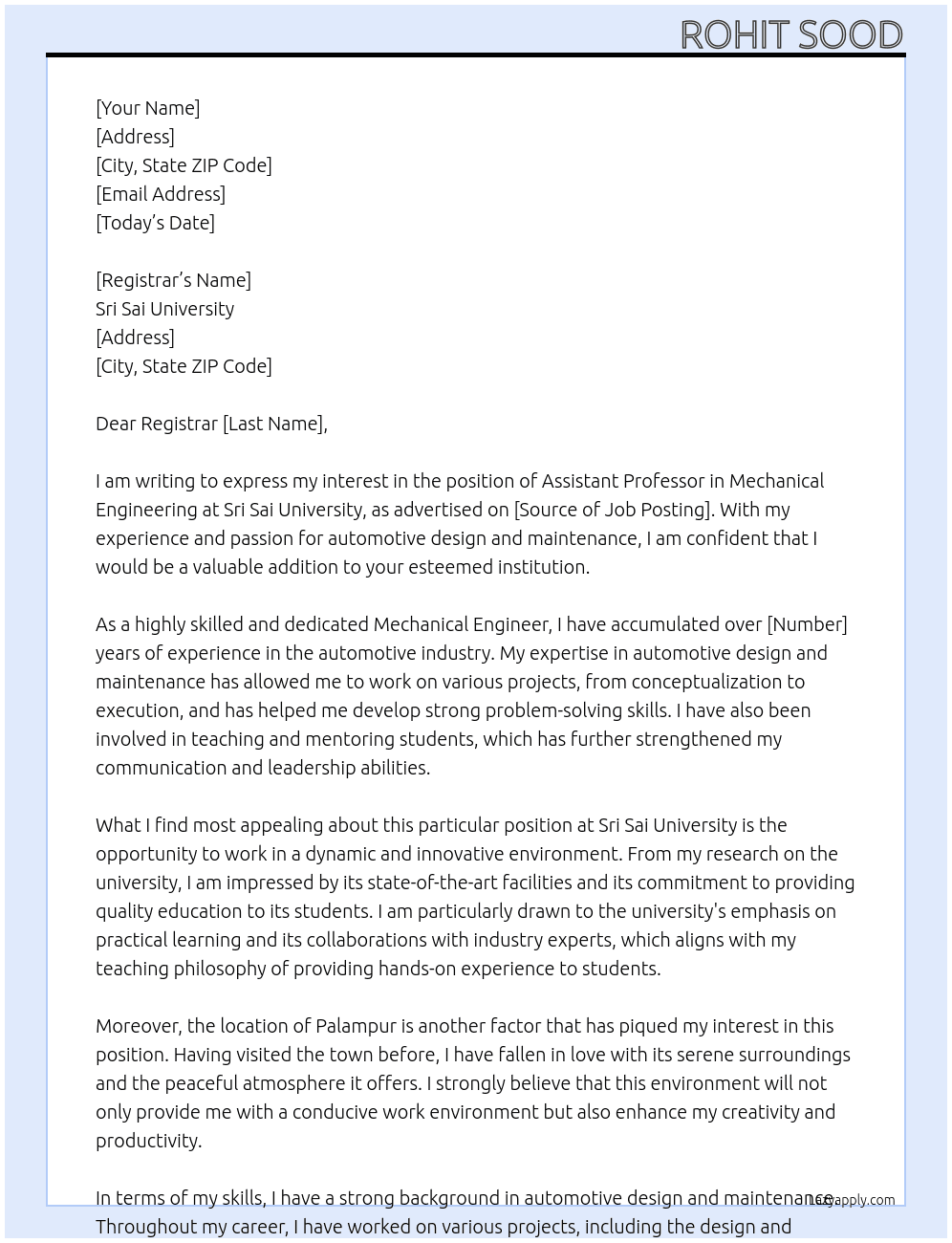 Assistant Professor Mechanical At Sri Sai University Cover Letter