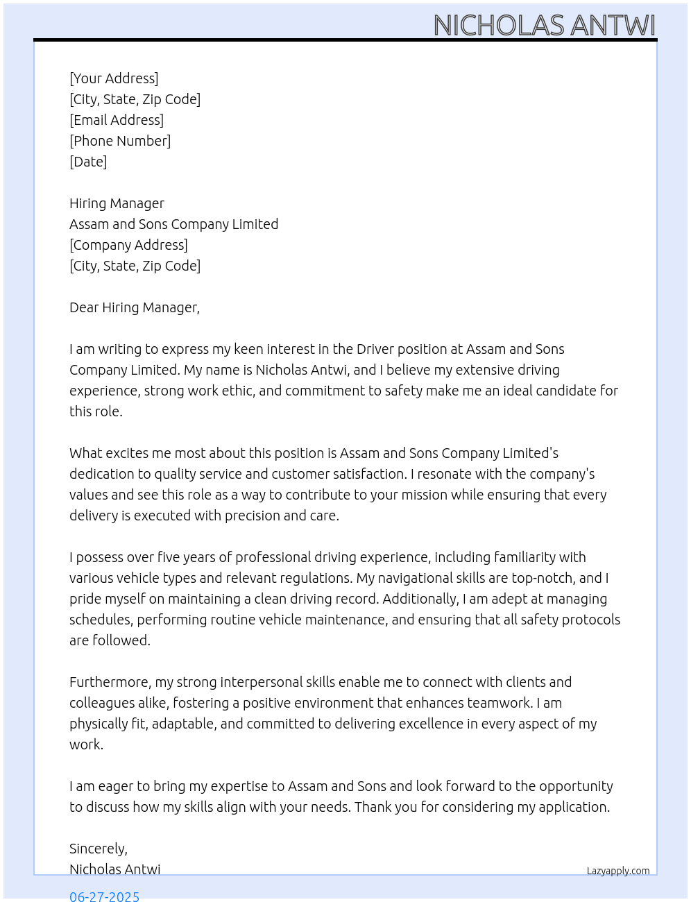 DRIVER At ASSAM AND SONS COMPANY LIMITED Cover Letter