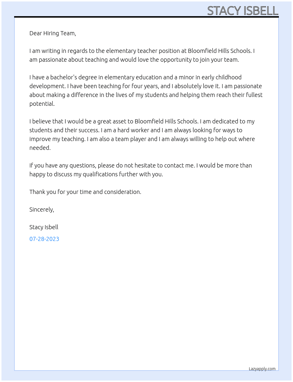 elementary teacher At Bloomfield Hills Schools Cover Letter