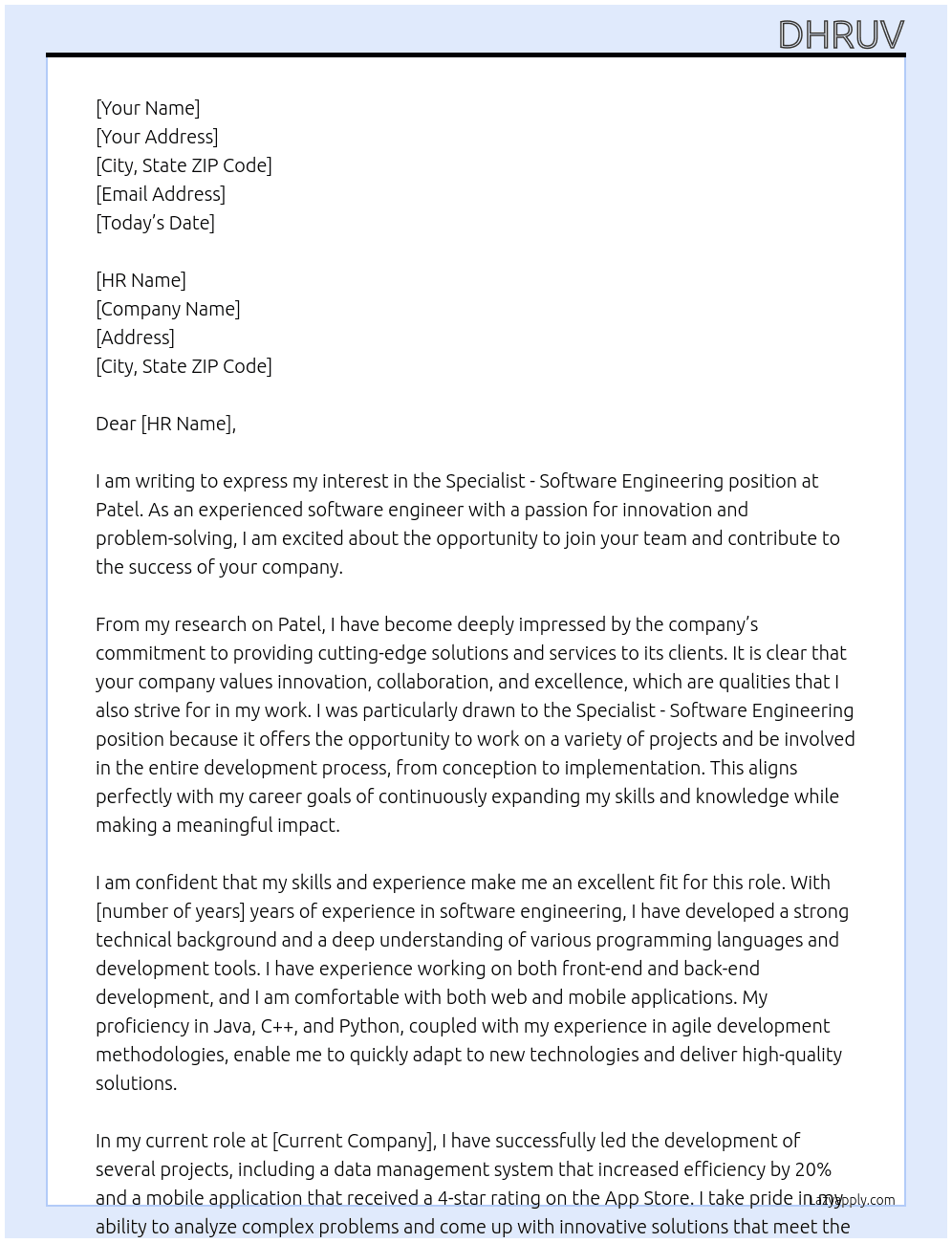 Specialist - Software Engineering At Patel Cover Letter