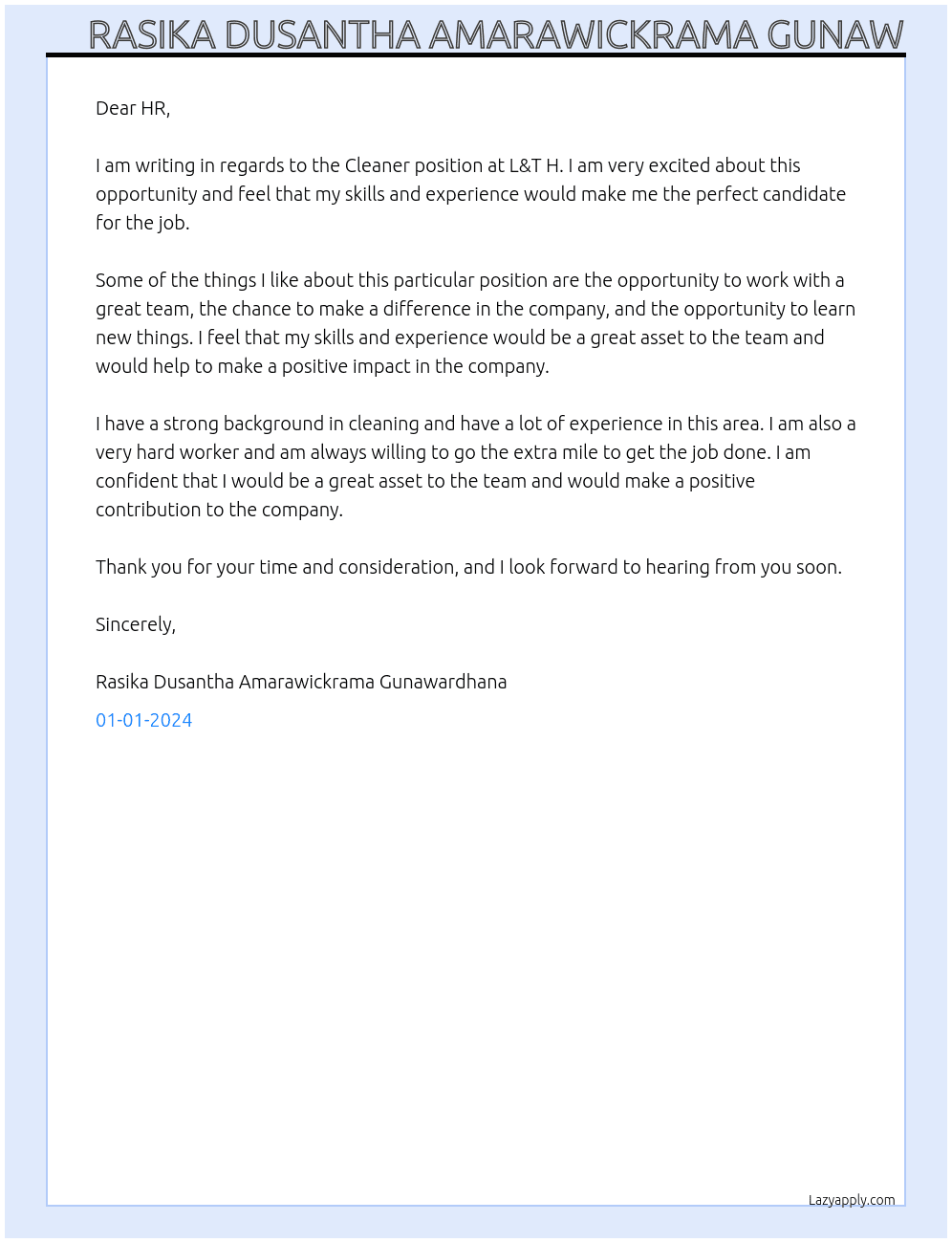 Cleaner  At L& T H Cover Letter