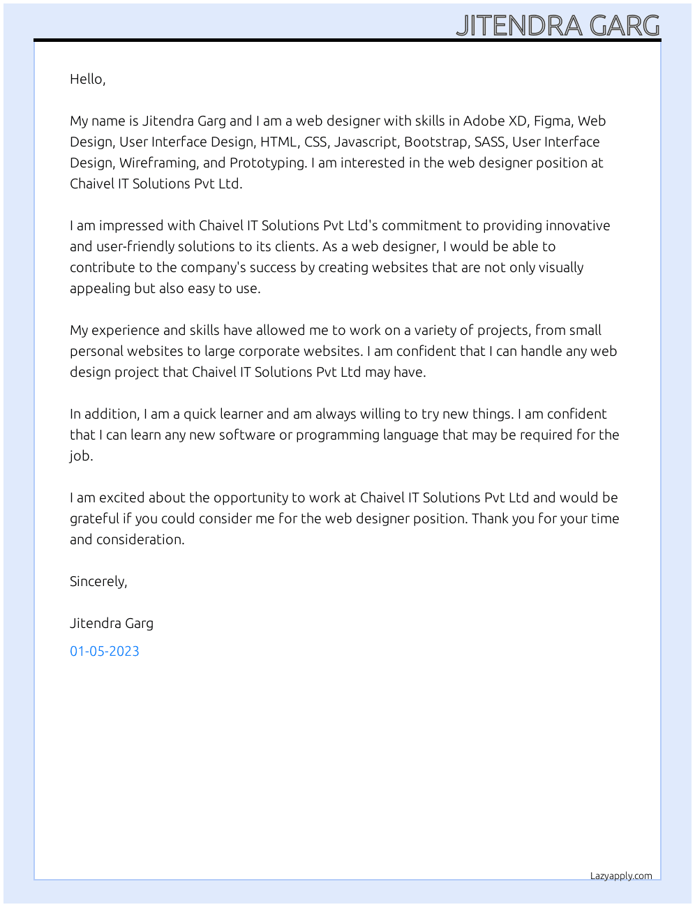 Web Designer At Chaivel IT Solutions Pvt Ltd Cover Letter