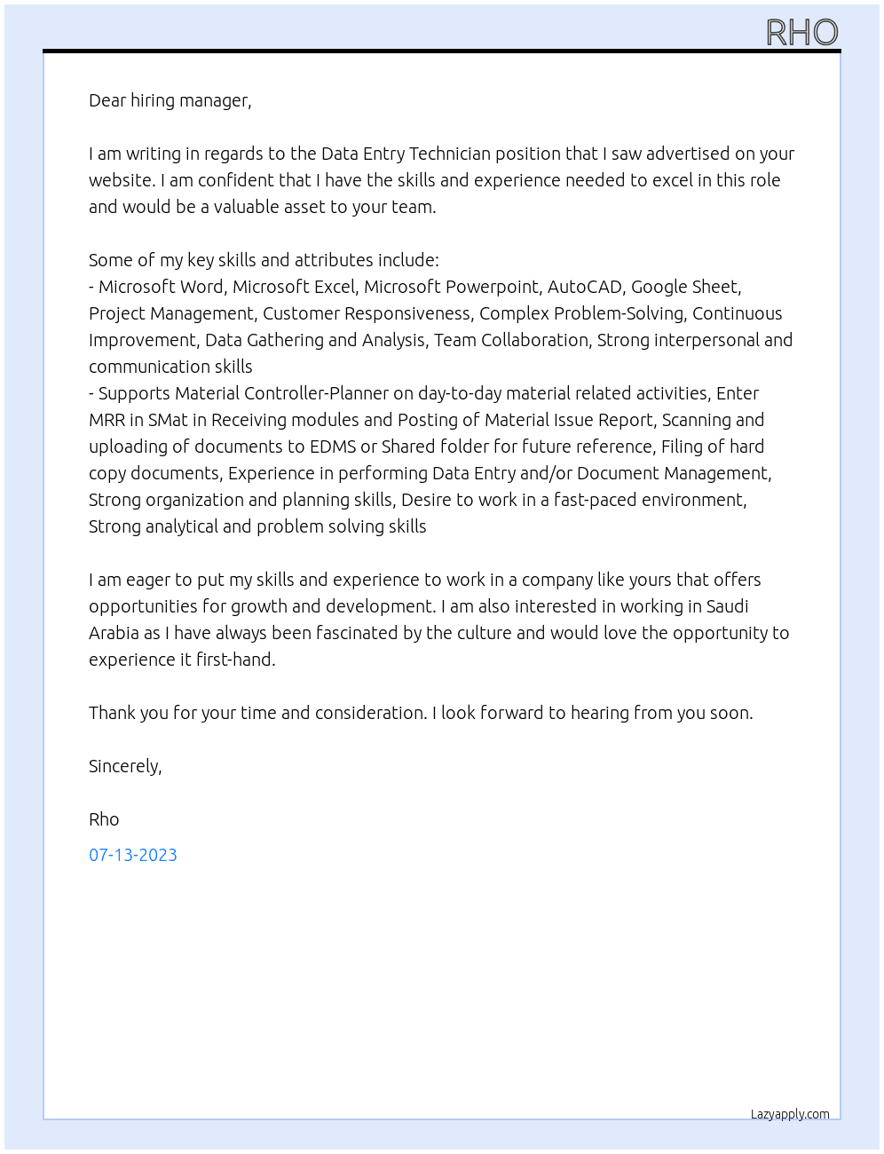Data Entry Technician At NEOM Cover Letter