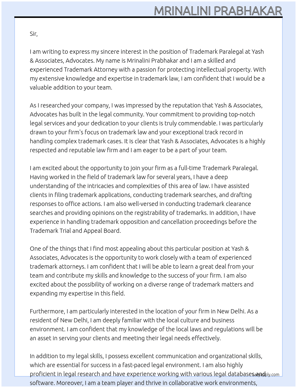 Trademark Paralegal At Yash & Associates, Advocates  Cover Letter
