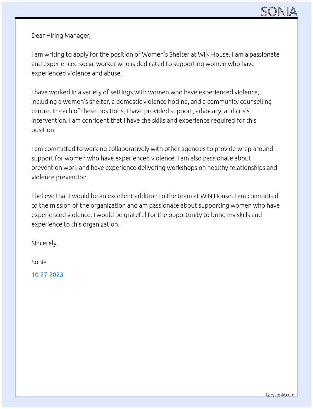 Women’s shelter At WIN House  Cover Letter