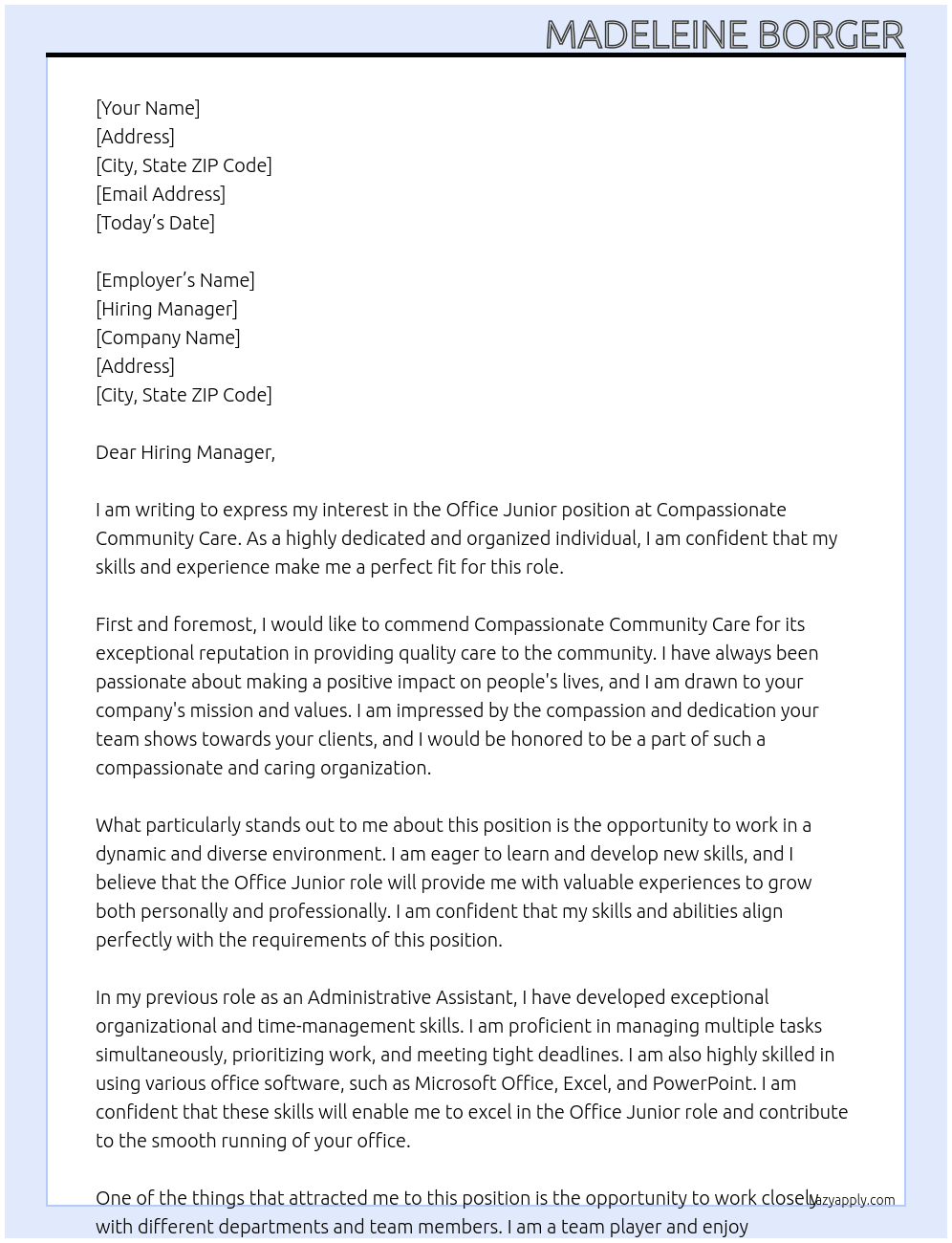 Office junior At Compassinate Community care Cover Letter