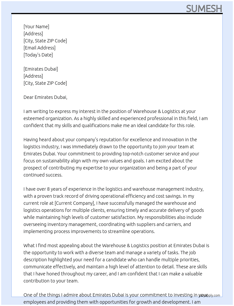 warehouse & logistics  At Emirates  Cover Letter