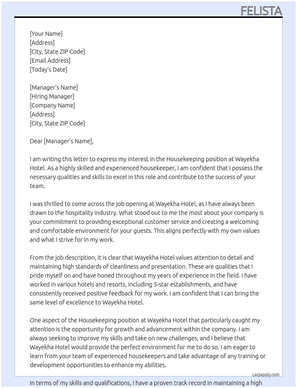 Housekeeping At Wayekha Hotel Cover Letter