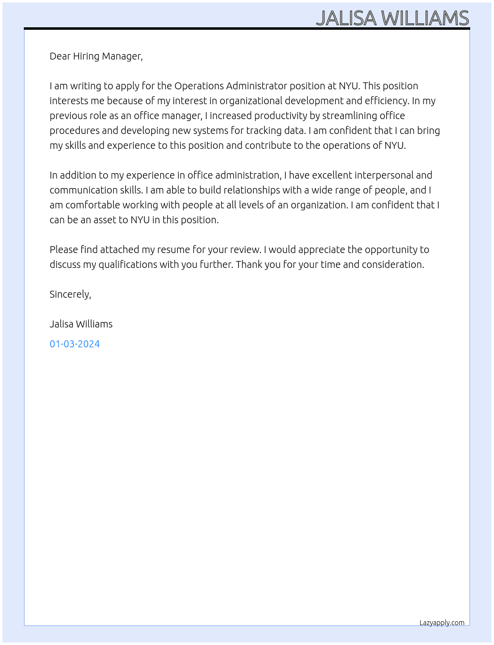 Operations Administrator At NYU Cover Letter