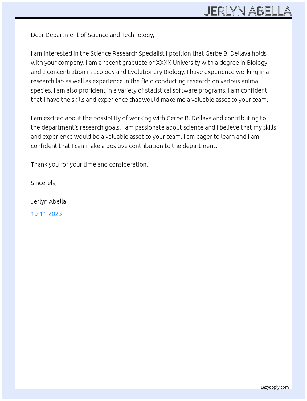 Science Research Specialist I At Department of Science and Technology  Cover Letter