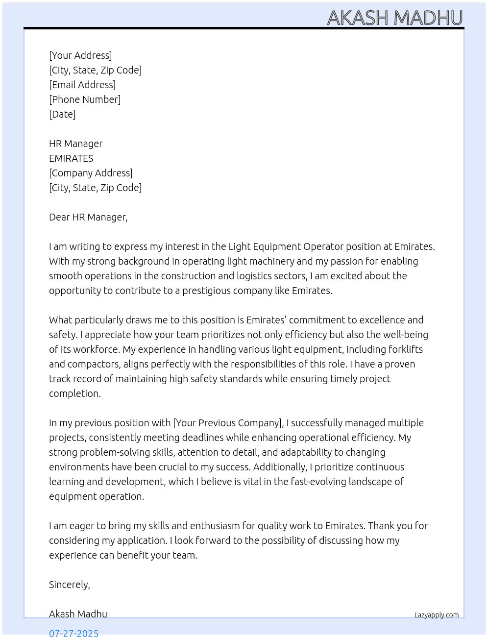 Cover letter for light equipment operator - LazyApply