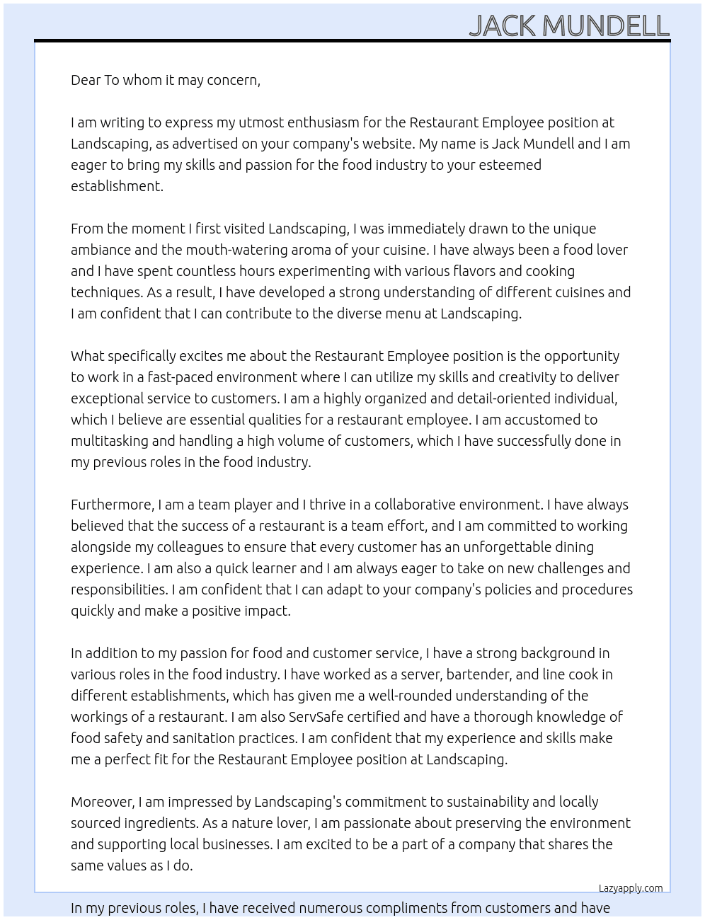 RESTAURANT EMPLOYEE At Landscaping Cover Letter