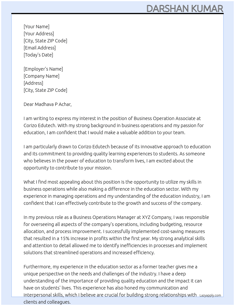 Business Operation Associat At Corizo Edutech Cover Letter