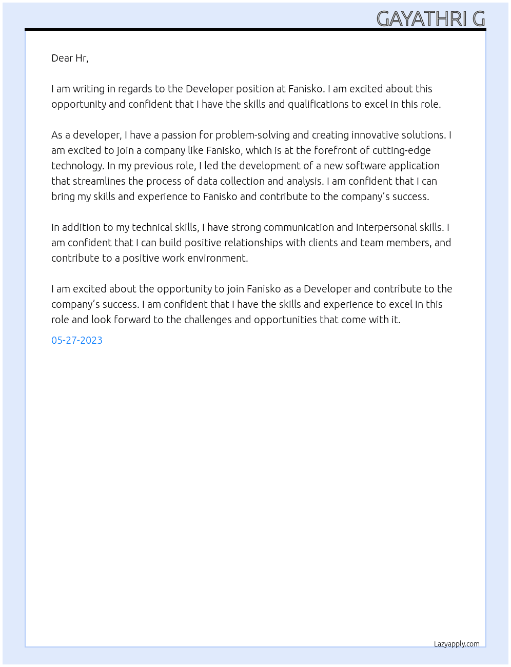 Developer  At Fanisko Cover Letter
