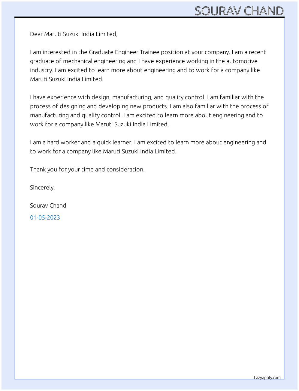 Graduate Engineer Trainee At Maruti Suzuki India Limited Cover Letter