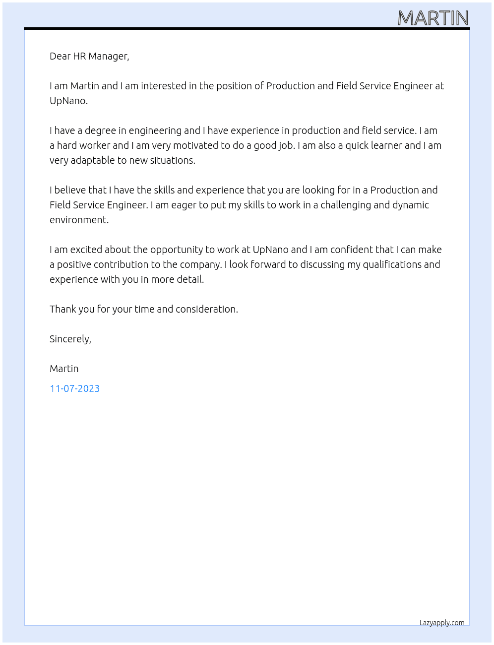 Production and Field Service Engineer At UpNano Cover Letter