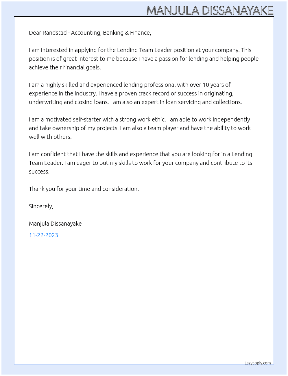 Lending Team Leader At Randstad - Accounting, Banking & Finance Cover Letter