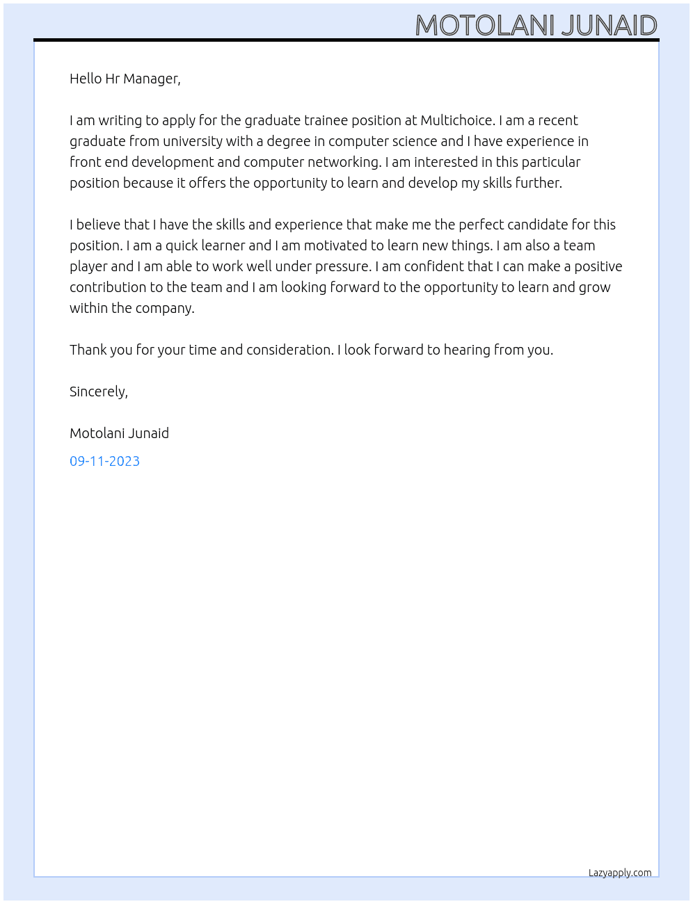 Graduate trainee  At Multichoice  Cover Letter