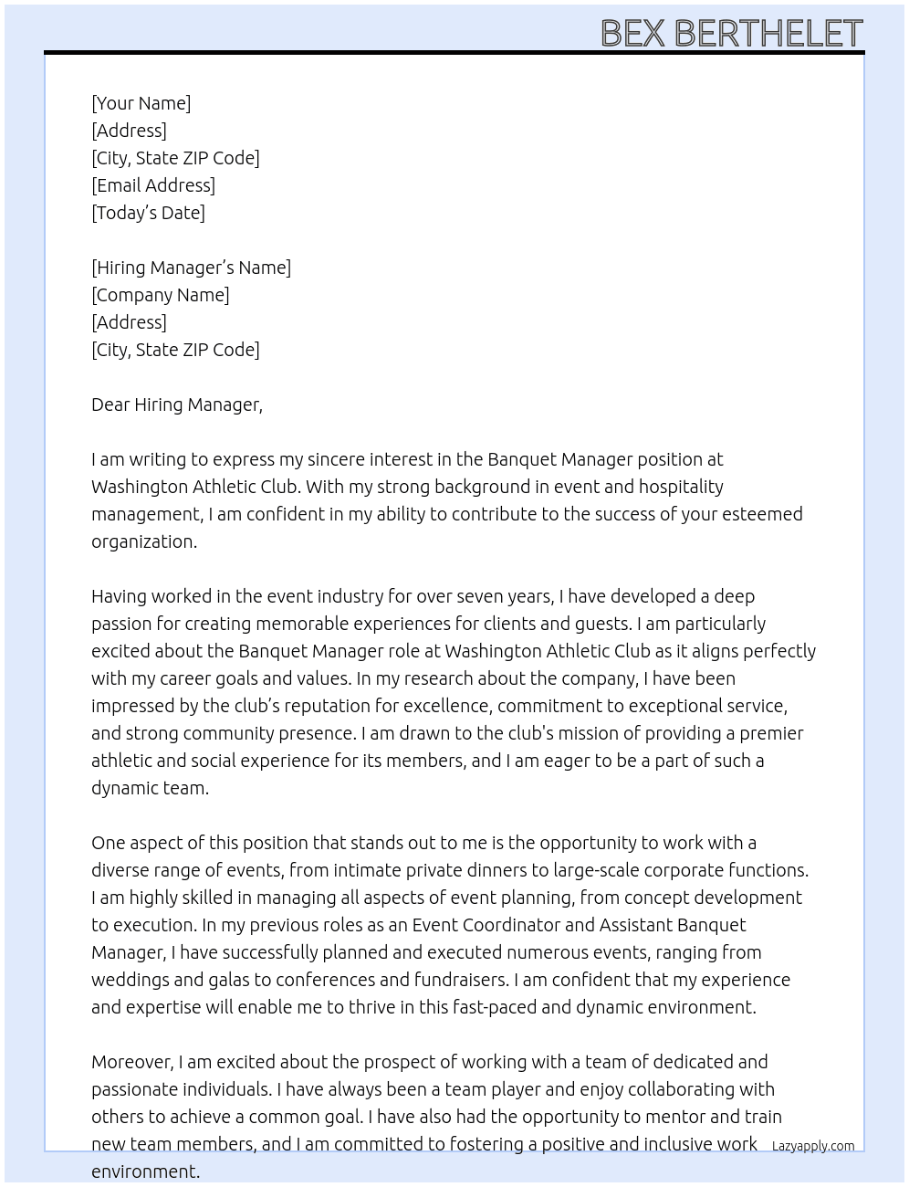 Banquet Manager At Washington Athletic Club Cover Letter