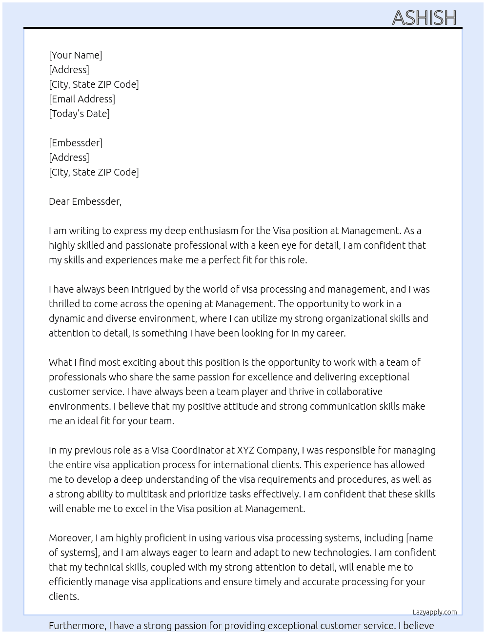 Visa  At Management  Cover Letter