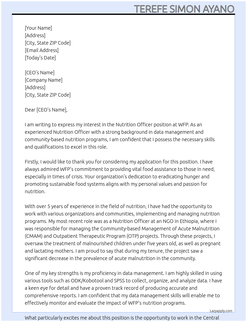 Nutrition officer At WFP Cover Letter