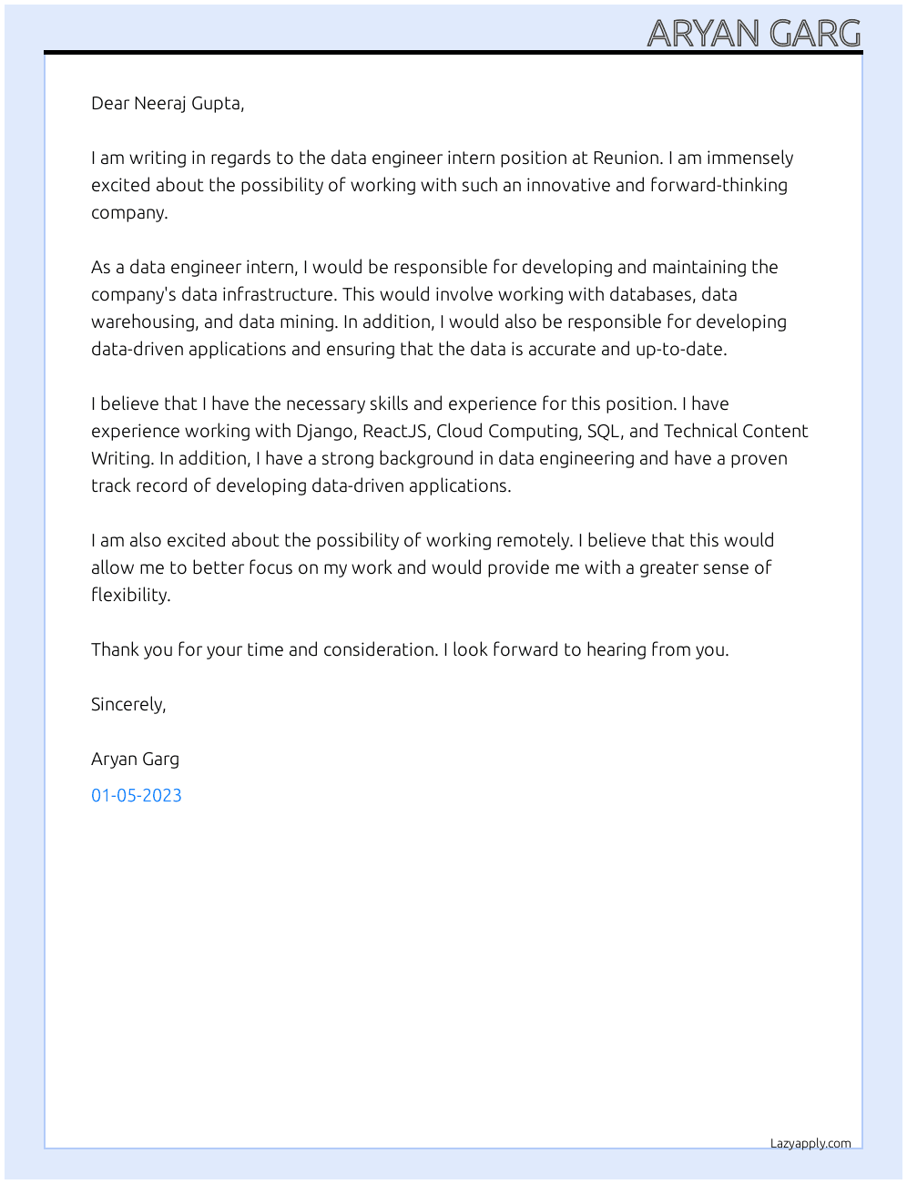 Data Engineer Intern At Reunion Cover Letter